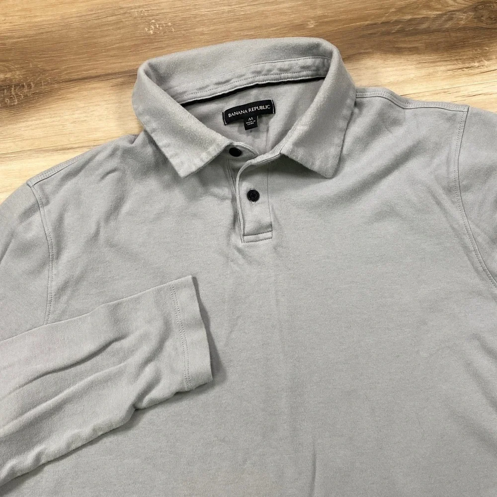 Banana Republic Polo Mens M Classic 100% Cotton Long Sleeve Gray Minimal Casual